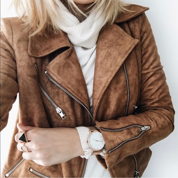 suede moto jacket tan